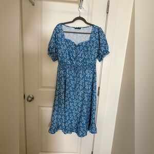 BloomChic Blue Floral Midi Dress with Puff Sleeves